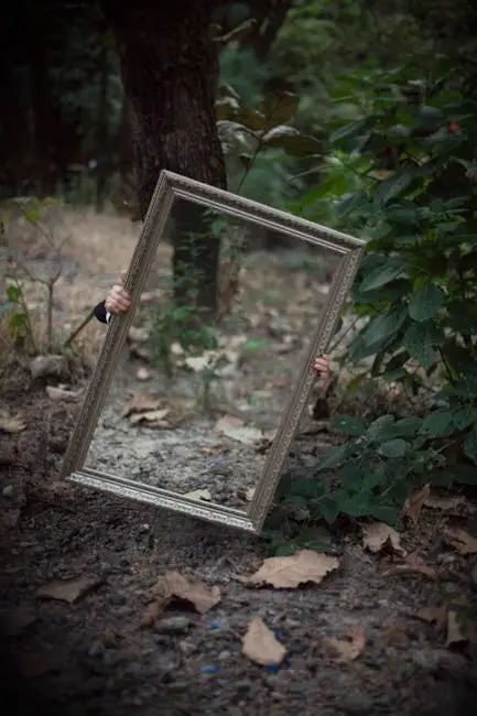 A mystical scene with a mirror reflecting forest foliage, hands mysteriously holding it.